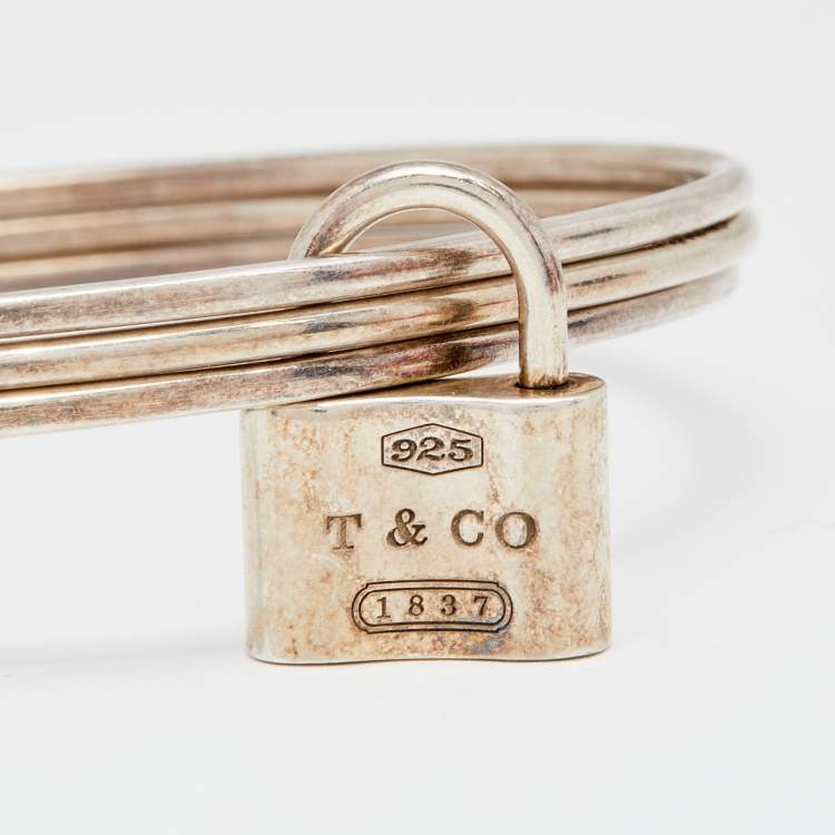 Pre Owned Tiffany & Co. Sterling Silver 1837 Lock Charm Triple Bangle Bracelet