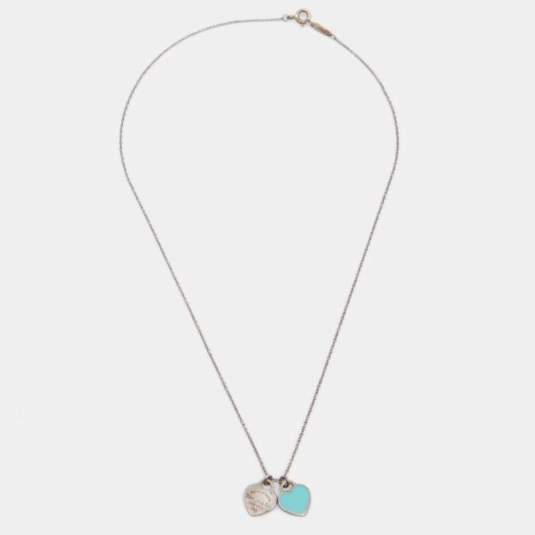 Pre Owned Tiffany & Co. Return To Tiffany Blue Enamel Double Heart Tag Pendant Necklace