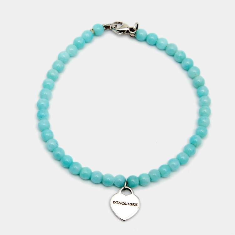 Pre Owned Tiffany & Co. Return To Tiffany Mini Heart Tag Silver Amazonite Bead Bracelet