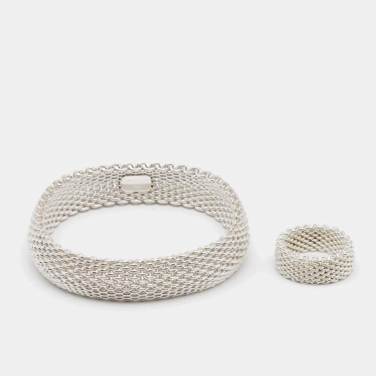Pre Owned Tiffany & Co. Somerset Mesh Sterling Silver Ring Bracelet Set