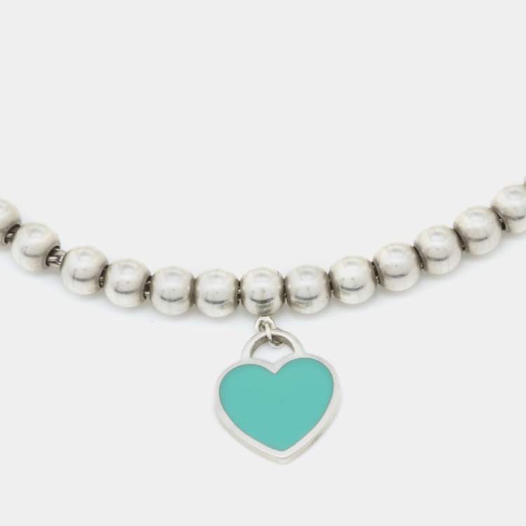 Pre Owned Tiffany & Co. Return to Tiffany Blue Enamel Heart Tag Silver Bead Bracelet