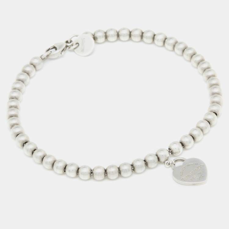 Pre Owned Tiffany & Co. Return to Tiffany Blue Enamel Heart Tag Silver Bead Bracelet
