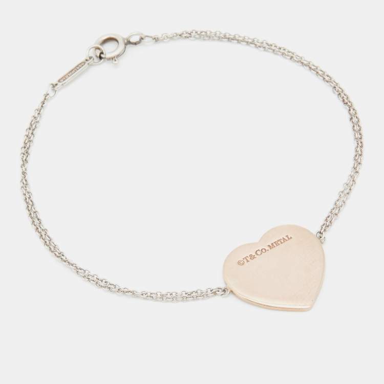 Pre Owned Tiffany & Co. Return To Tiffany Sterling Silver Rubedo Heart Tag Double Chain Bracelet