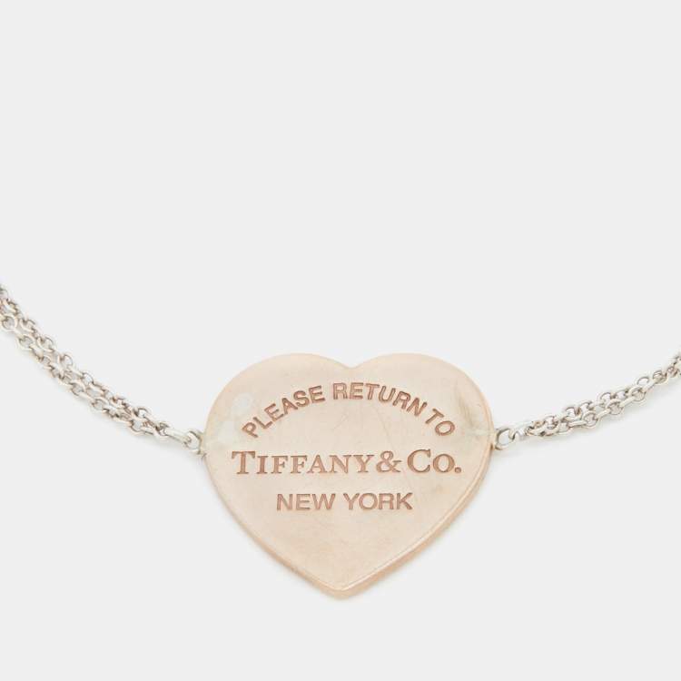 Pre Owned Tiffany & Co. Return To Tiffany Sterling Silver Rubedo Heart Tag Double Chain Bracelet