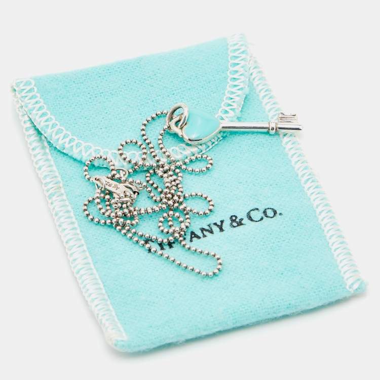 Pre Owned Tiffany & Co. Sterling Silver Blue Enamel Heart Key Pendant Necklace