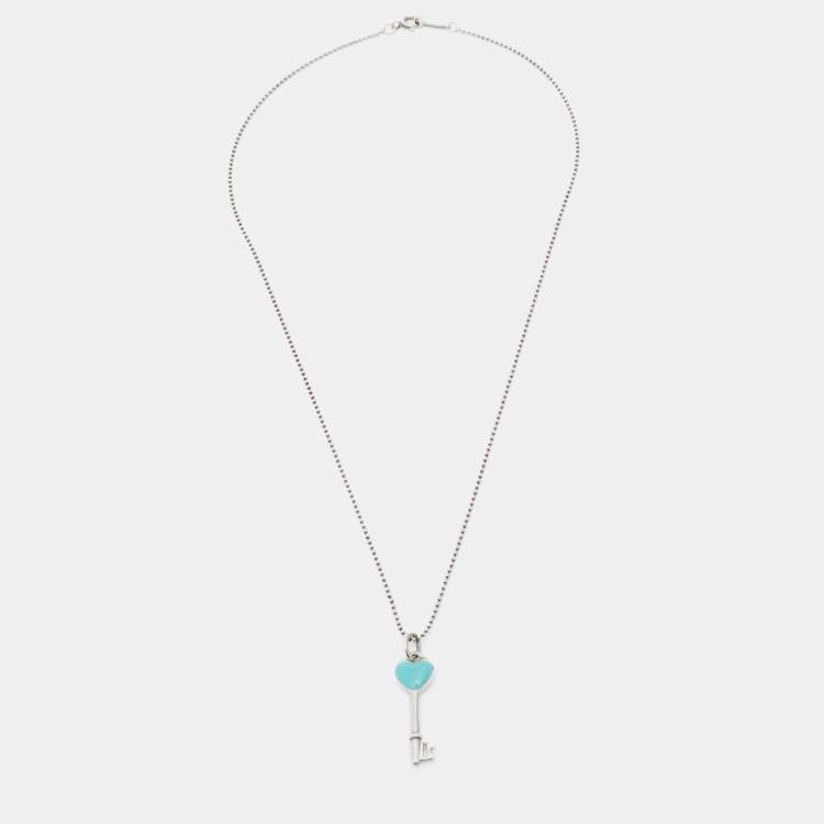 Pre Owned Tiffany & Co. Sterling Silver Blue Enamel Heart Key Pendant Necklace