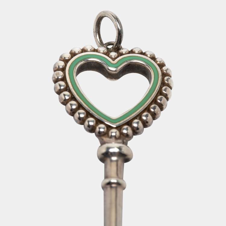 Pre Owned Tiffany & Co. Heart Key Enamel Sterling Silver Pendant