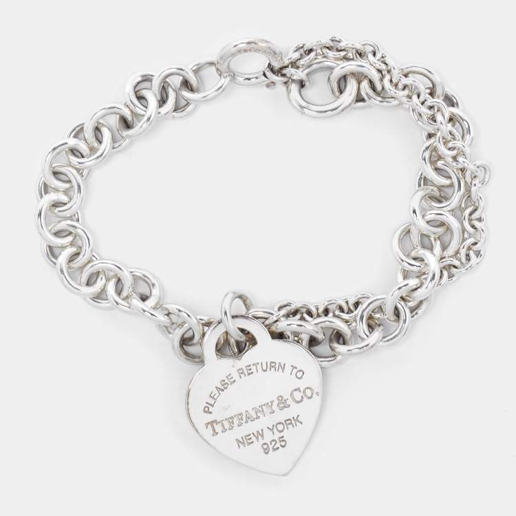 Pre Owned Tiffany & Co. Return to Tiffany Heart Tag Sterling Silver Double Chain Bracelet
