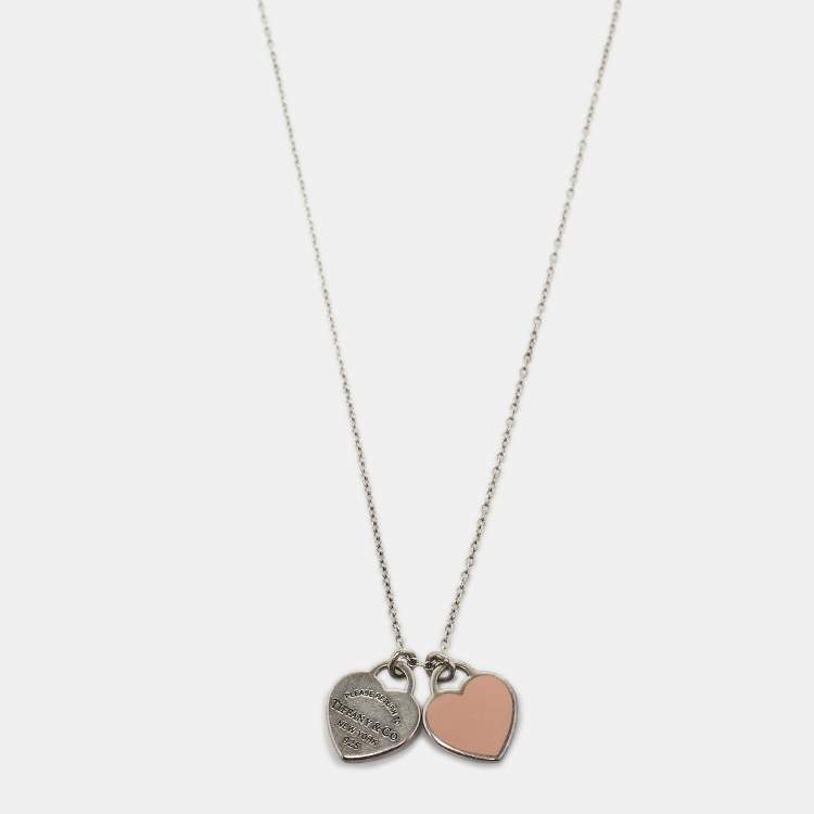 TIFFANY & CO Mini Double Heart Pink Sterling Silver Necklace Pendant | eBay