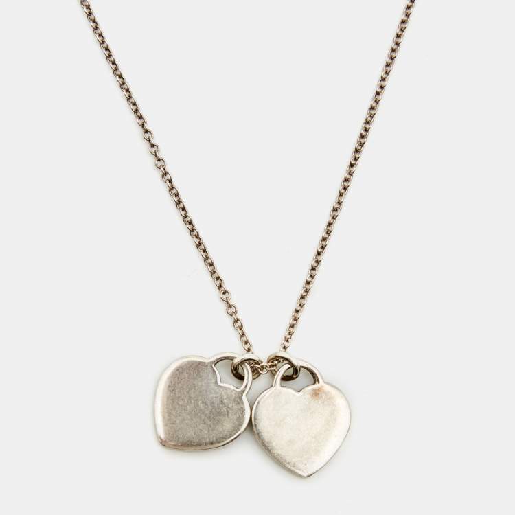 Pre Owned Tiffany & Co. Sterling Silver Double Heart Tag Pendant Necklace
