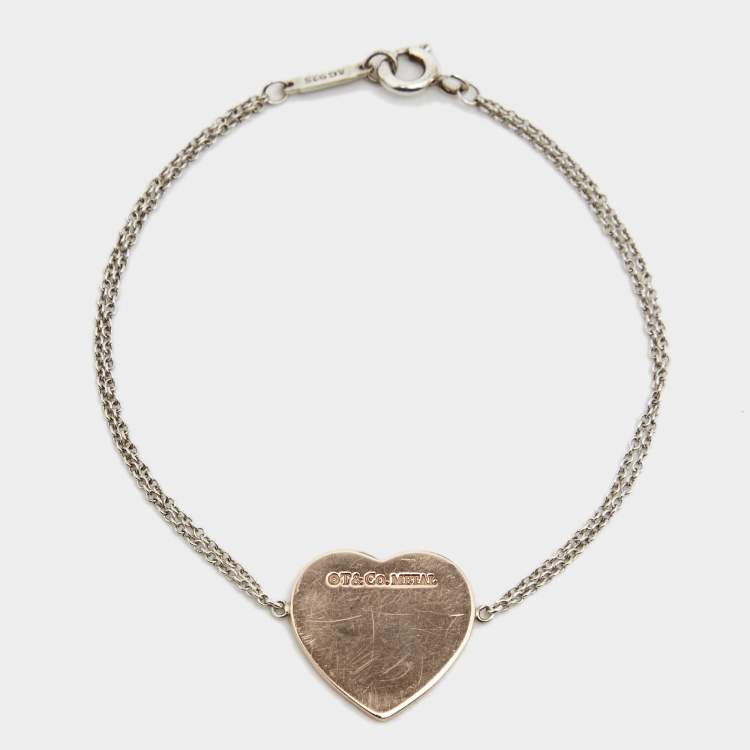Pre Owned Tiffany & Co. Return To Tiffany Sterling Silver Rubedo Heart Tag Double Chain Bracelet
