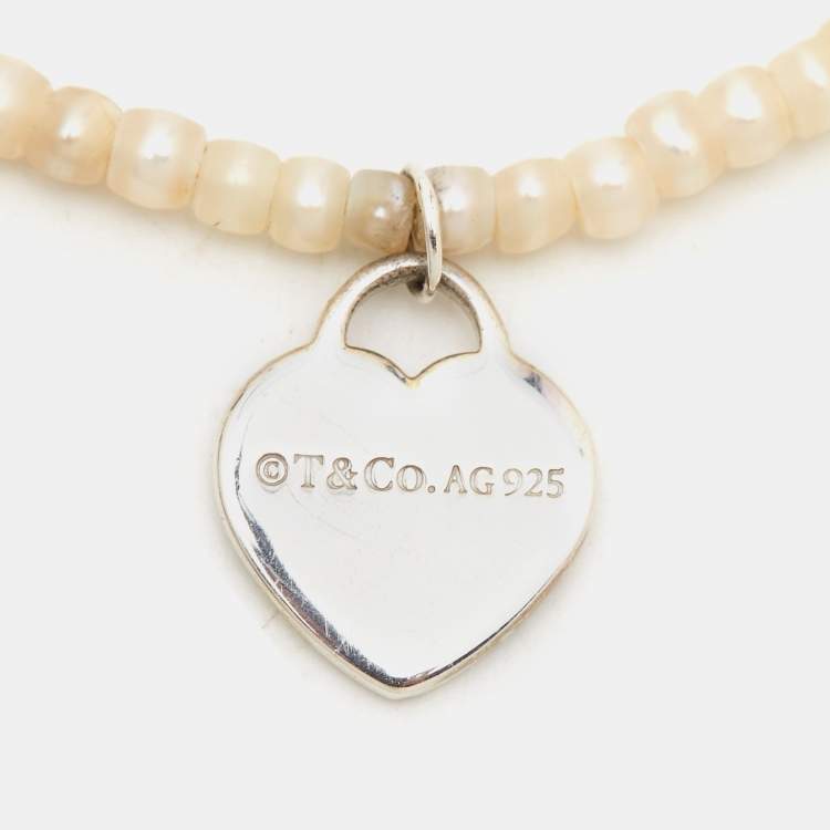 Pre Owned Tiffany & Co. Return To Tiffany Silver Heart Tag Pearl Bracelet
