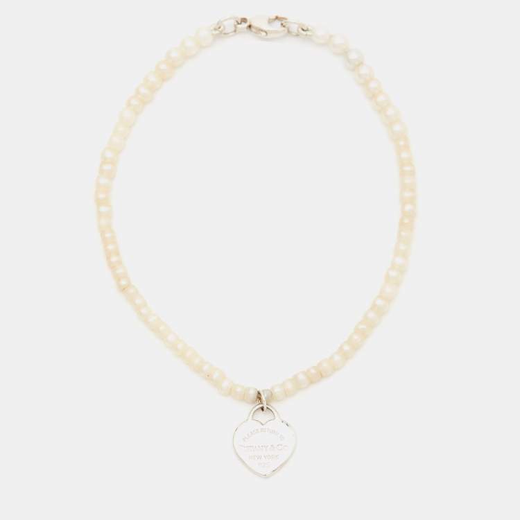 Pre Owned Tiffany & Co. Return To Tiffany Silver Heart Tag Pearl Bracelet