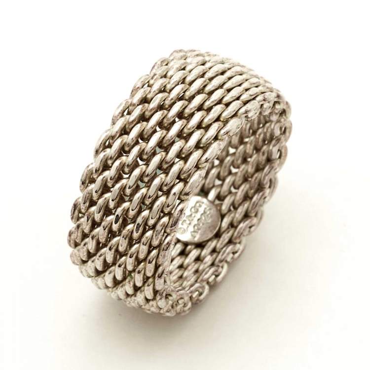 Pre Owned Tiffany & Co. Somerset Mesh Sterling Silver Ring Size 56