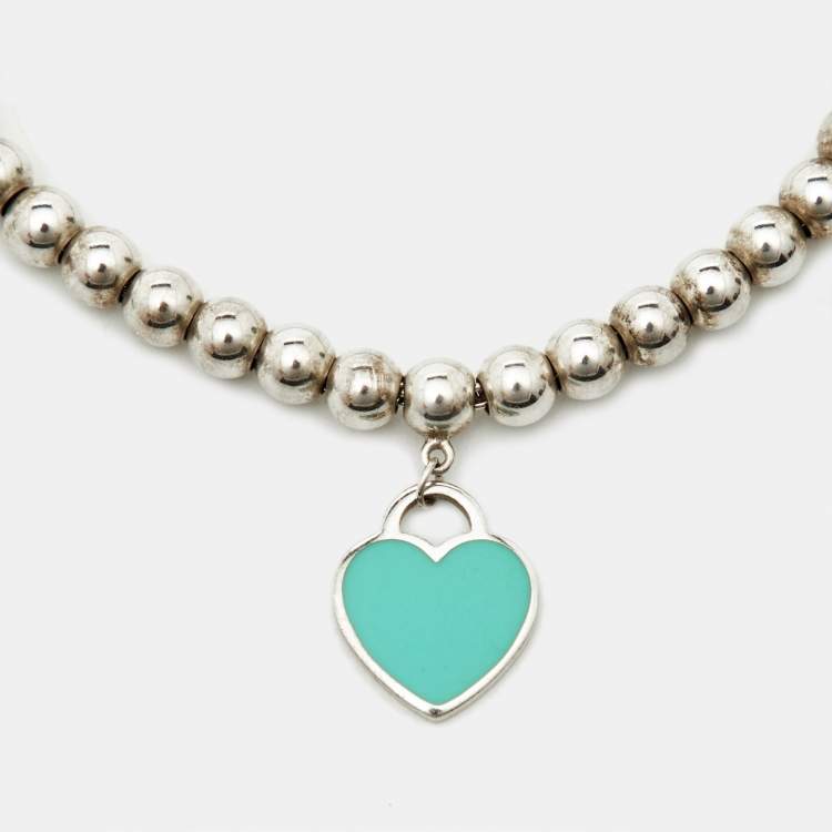 Pre Owned Tiffany & Co. Return to Tiffany Heart Tag Blue Enamel Silver Bead Bracelet 