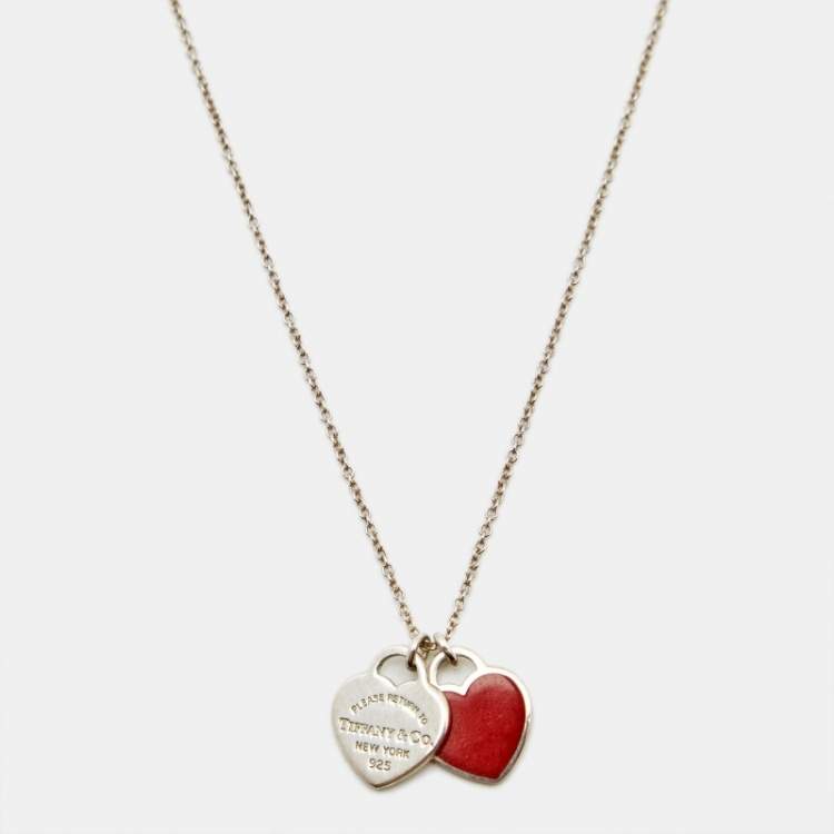 Pre Owned Tiffany & Co. Return to Tiffany Enamel Double Heart Sterling Silver Necklace