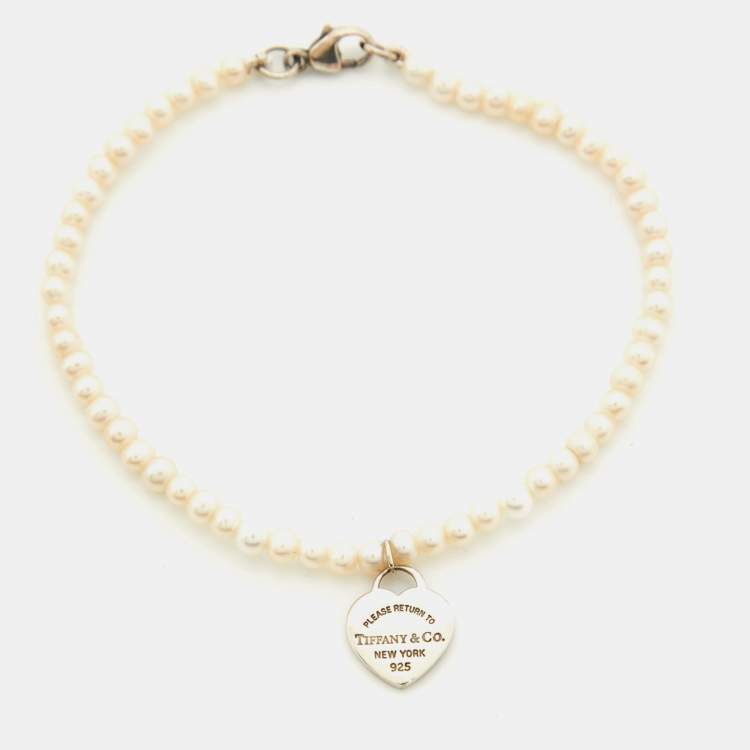 Pre Owned Tiffany & Co. Return To Tiffany Cultured Pearl Sterling Silver Heart Tag Bracelet