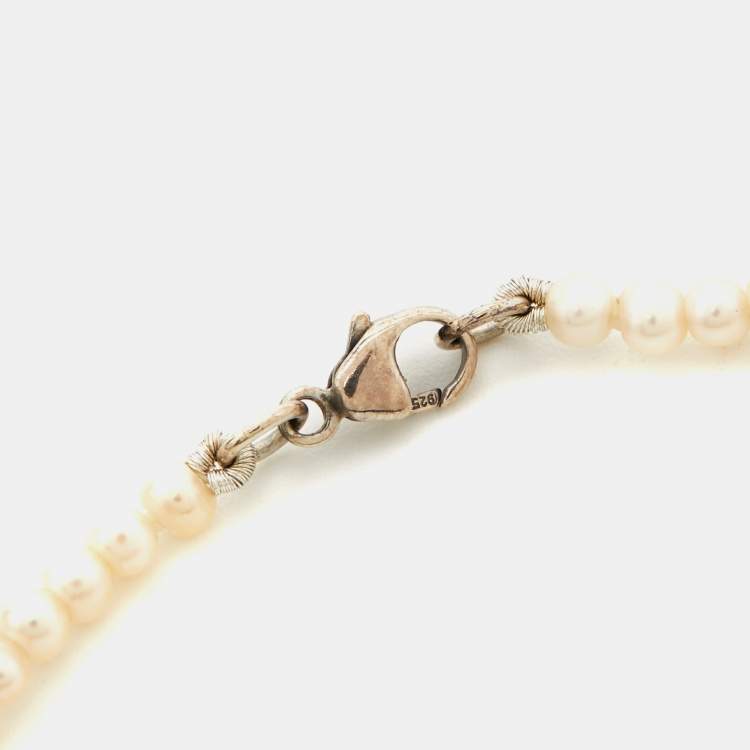 Pre Owned Tiffany & Co. Return To Tiffany Cultured Pearl Sterling Silver Heart Tag Bracelet