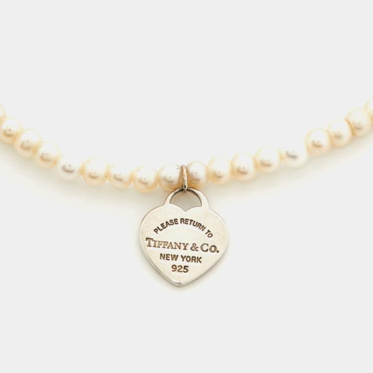 Pre Owned Tiffany & Co. Return To Tiffany Cultured Pearl Sterling Silver Heart Tag Bracelet