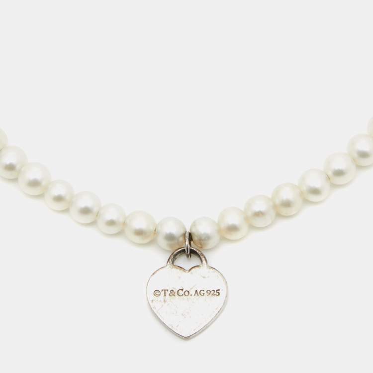 Pre Owned Tiffany & Co. Return To Tiffany Cultured Pearl Sterling Silver Heart Tag Bracelet