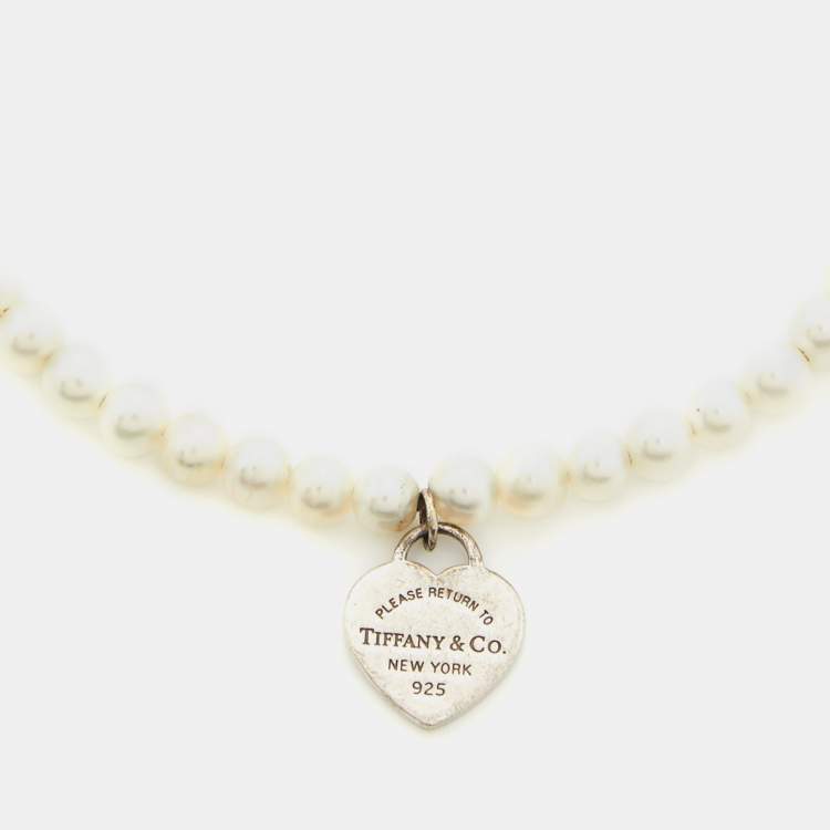 Pre Owned Tiffany & Co. Return To Tiffany Cultured Pearl Sterling Silver Heart Tag Bracelet
