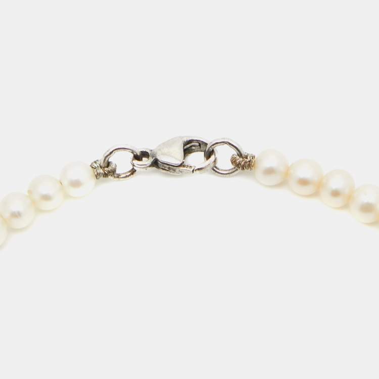 Pre Owned Tiffany & Co. Return To Tiffany Cultured Pearl Sterling Silver Heart Tag Bracelet