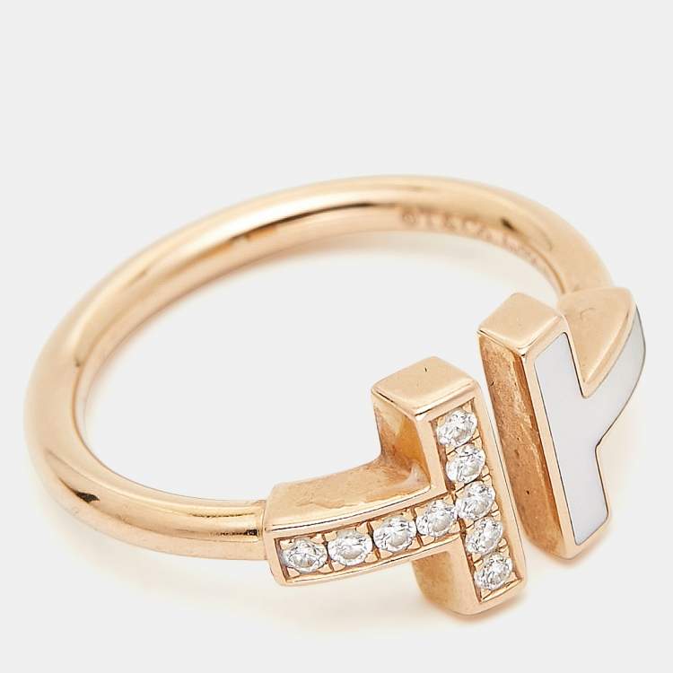 Pre Owned Tiffany & Co. Tiffany T Wire Mother of Pearl Diamond 18k Rose Gold Ring Size 50 