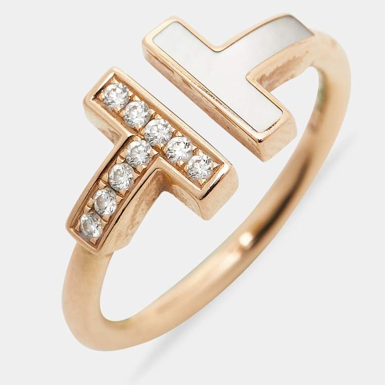 Pre Owned Tiffany & Co. Tiffany T Wire Mother of Pearl Diamond 18k Rose Gold Ring Size 50 