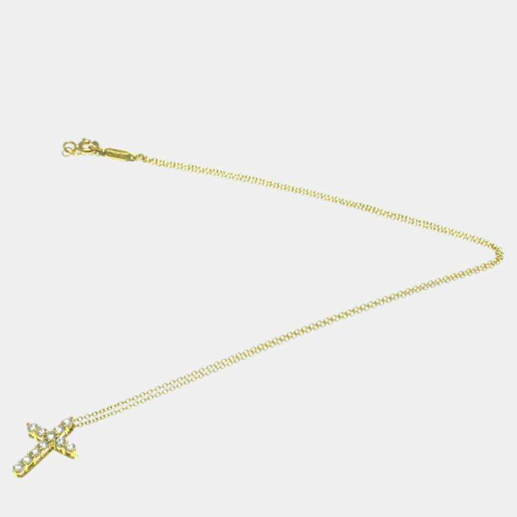 Pre Owned Tiffany & Co. 18K Yellow Gold Diamond Cross Pendant Necklace