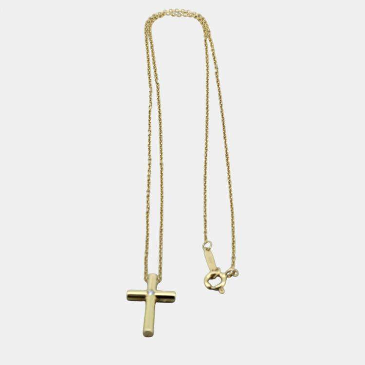 Pre Owned  Tiffany & Co. 18k Yellow Gold Diamond Cross Pendant Necklace 