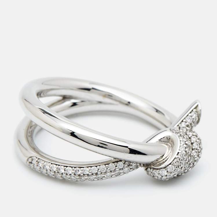 Pre Owned Tiffany & Co. Tiffany Knot Double Row Diamond 18k White Gold Ring Size 55