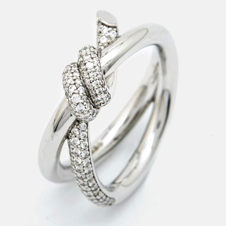 Pre Owned Tiffany & Co. Tiffany Knot Double Row Diamond 18k White Gold Ring Size 55