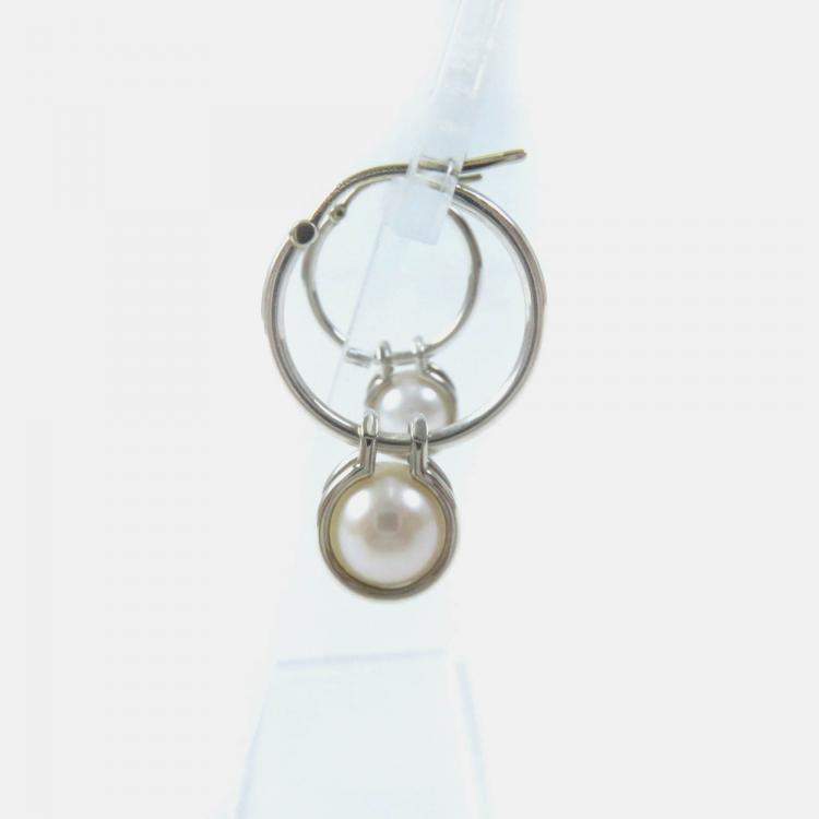 Pre Owned Tiffany & Co Pearl Hoop Earrings Sv925 Silver Silver Metal