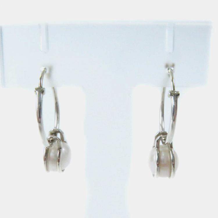 Pre Owned Tiffany & Co Pearl Hoop Earrings Sv925 Silver Silver Metal