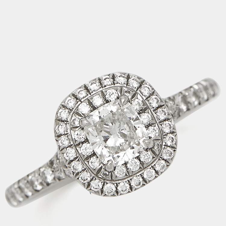 Pre Owned Tiffany & Co. Tiffany Soleste Cushion Cut Diamond Solitaire Double Halo Platinum Engagement Ring Size 51