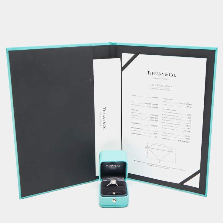 Pre Owned Tiffany & Co. Tiffany Soleste Cushion Cut Diamond Solitaire Double Halo Platinum Engagement Ring Size 51