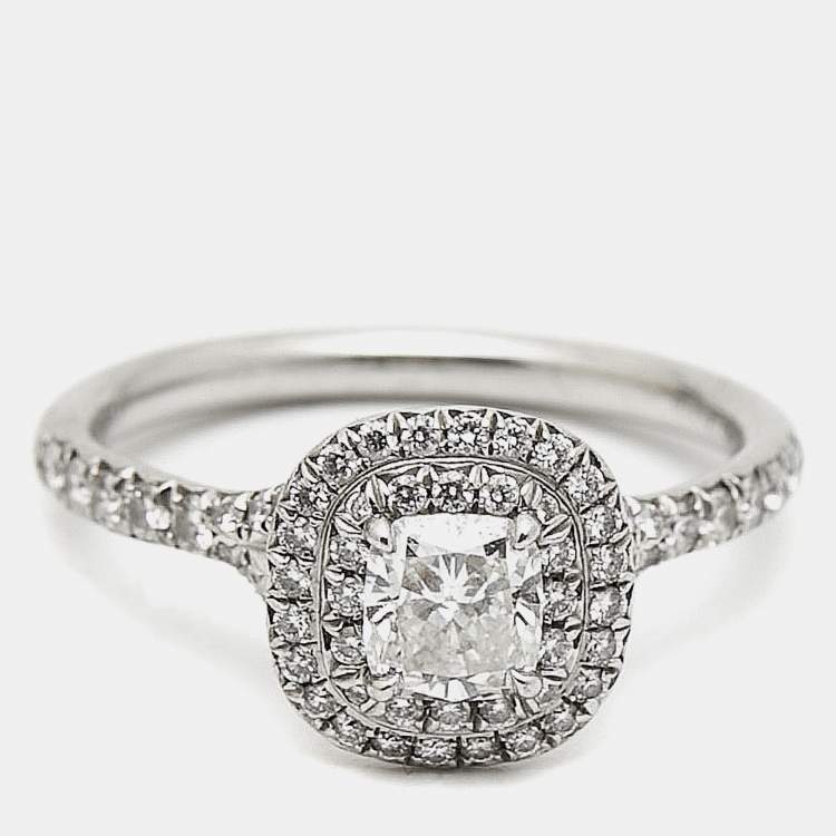 Pre Owned Tiffany & Co. Tiffany Soleste Cushion Cut Diamond Solitaire Double Halo Platinum Engagement Ring Size 51