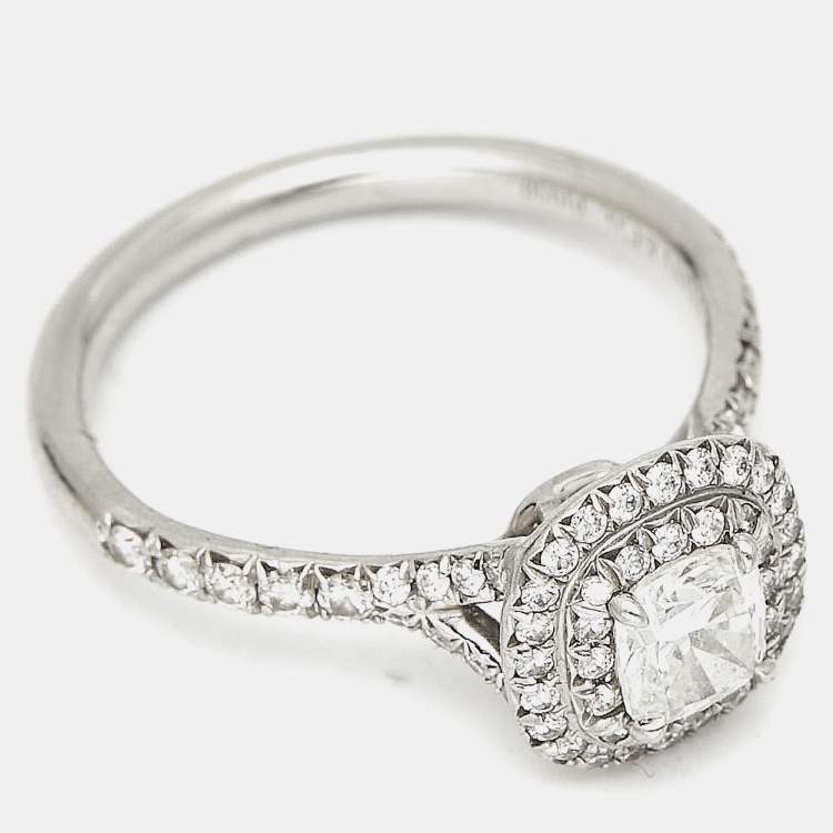 Pre Owned Tiffany & Co. Tiffany Soleste Cushion Cut Diamond Solitaire Double Halo Platinum Engagement Ring Size 51