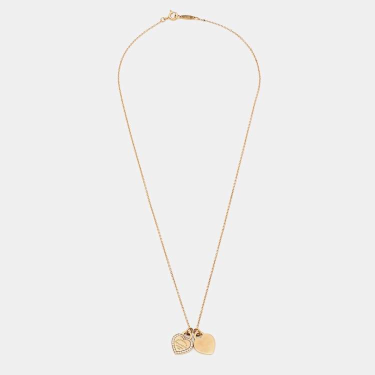 Pre Owned Tiffany & Co. Return To Tiffany Diamond 18K Rose Gold Mini Double Heart Tag Pendant Necklace