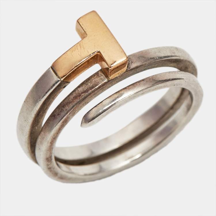 Pre Owned Tiffany & Co. T Square 18K Rose Gold Sterling Silver Wrap Ring Size 57