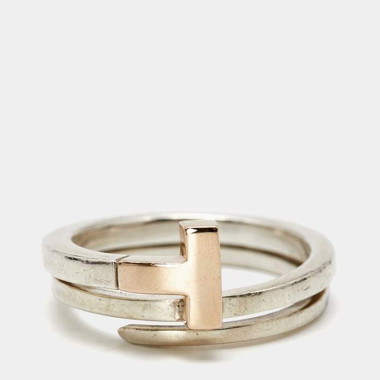 Pre Owned Tiffany & Co. Tiffany T 18k Rose Gold Sterling Silver Ring Size 56