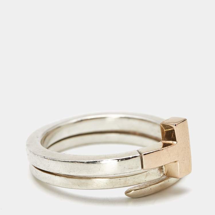 Pre Owned Tiffany & Co. Tiffany T 18k Rose Gold Sterling Silver Ring Size 56