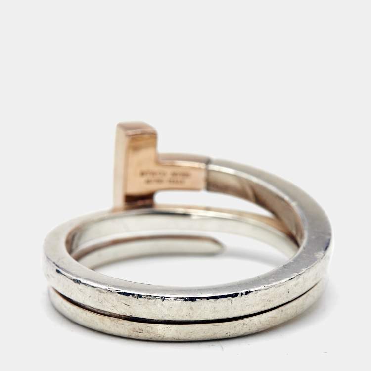 Pre Owned Tiffany & Co. Tiffany T 18k Rose Gold Sterling Silver Ring Size 56