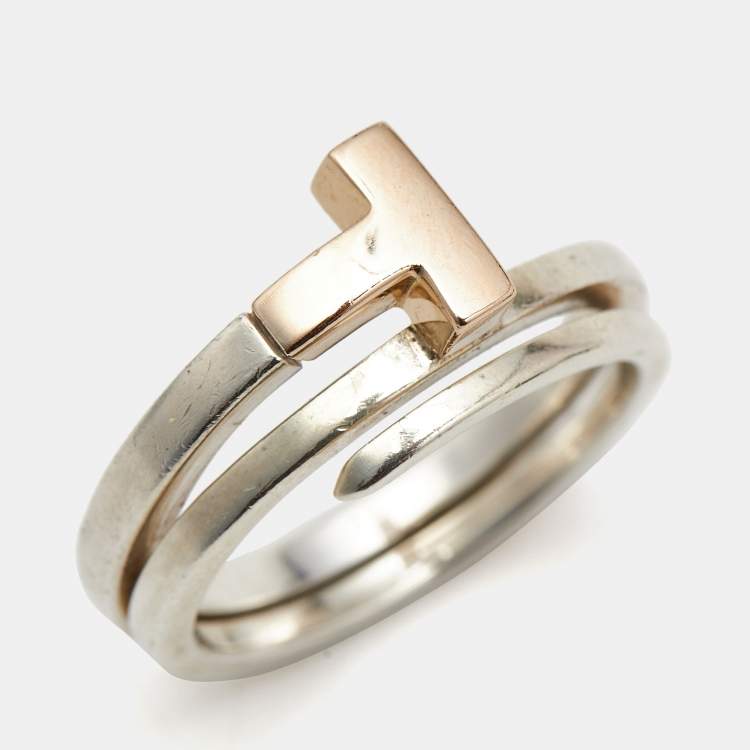 Pre Owned Tiffany & Co. Tiffany T 18k Rose Gold Sterling Silver Ring Size 56