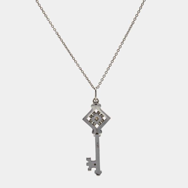 Pre Owned Tiffany & Co. Diamond Black Enamel 18k White Gold Key Pendant Necklace