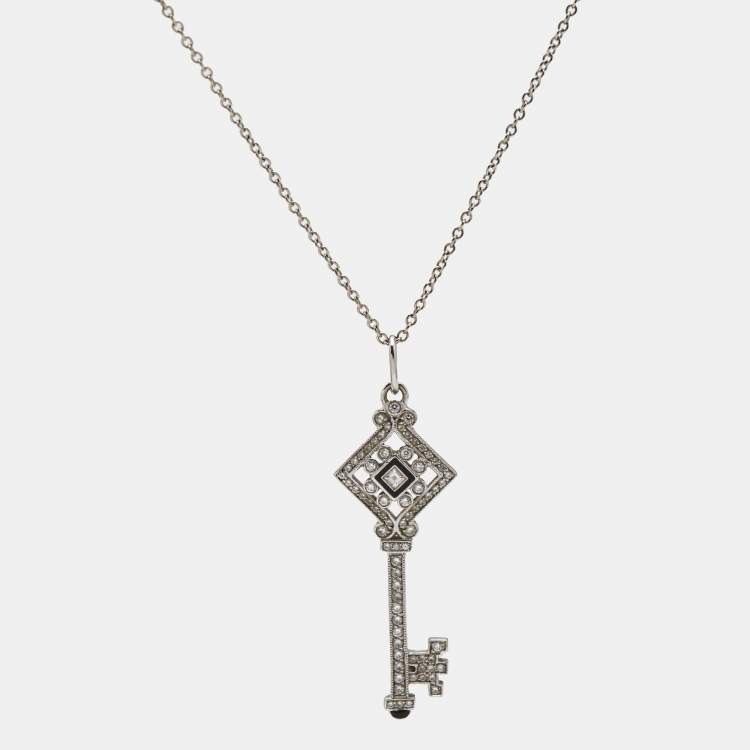 Pre Owned Tiffany & Co. Diamond Black Enamel 18k White Gold Key Pendant Necklace