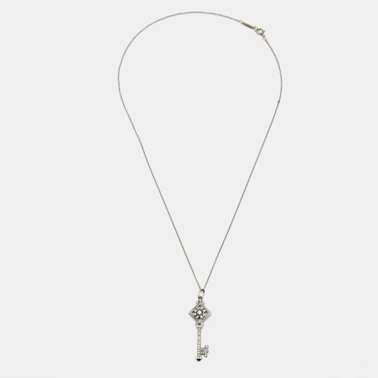 Pre Owned Tiffany & Co. Diamond Black Enamel 18k White Gold Key Pendant Necklace