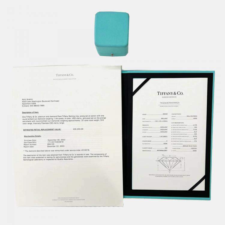 Pre Owned Tiffany & Co. Pave Tiffany Setting Platinum 1.44 ct Diamond Engagement Ring EU 57
