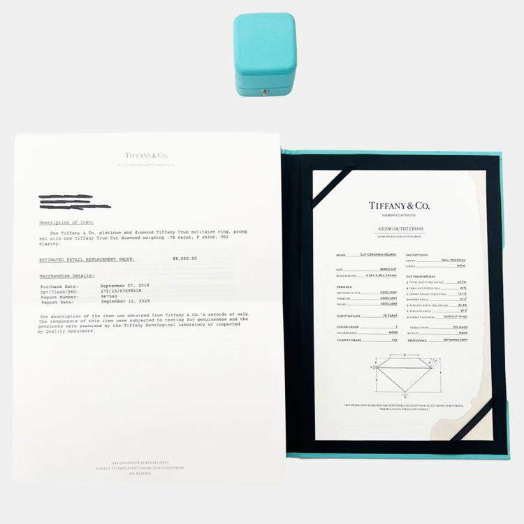 Pre Owned Tiffany & Co. Tiffany True Platinum 0.78 Ct Diamond Solitaire Engagement Ring EU 48
