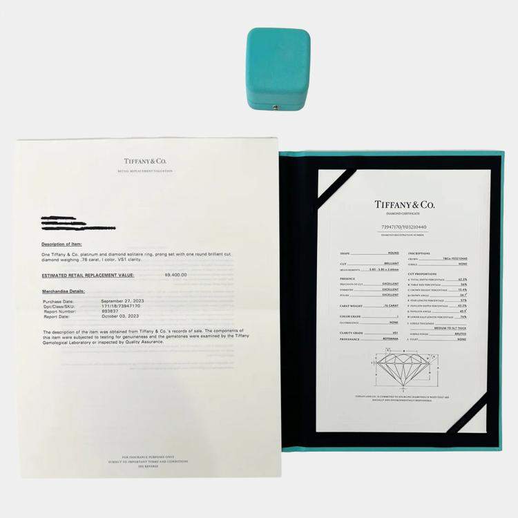 Pre Owned Tiffany & Co. Platinum 0.76 ct Round Brilliant Diamond Engagement Ring EU 58.5